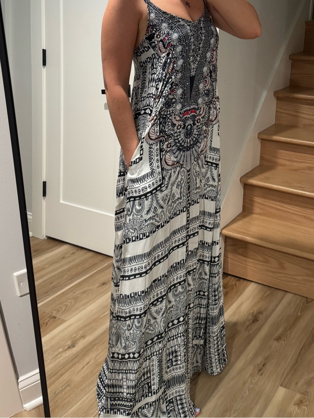 Printed Black & White Maxi Slip Dress with Beads